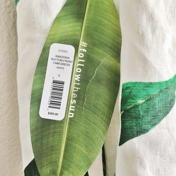 FARM RIO Amazonia Button Front Cami Dress White Linen Leaf Midi NWT Size L - Picture 4 of 4